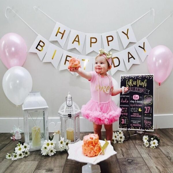 Set 5 baloane confetti auriu si banner Happy Birthday alb - imagine 4