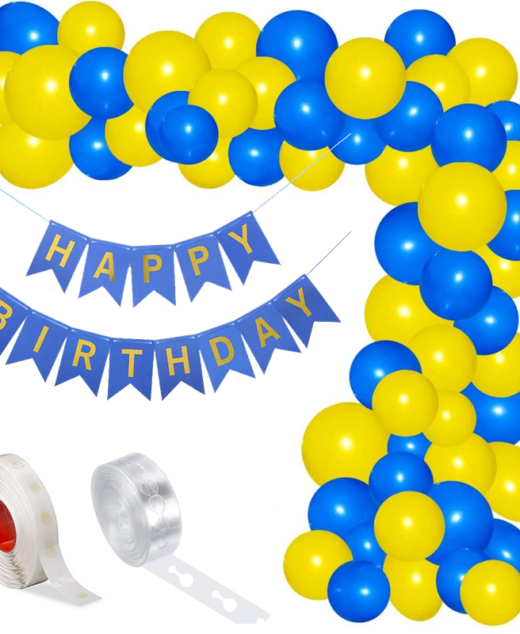 Set aranjament baloane pentru arcada, ghirlanda Happy Birthday, 115 buc, galben si albastru