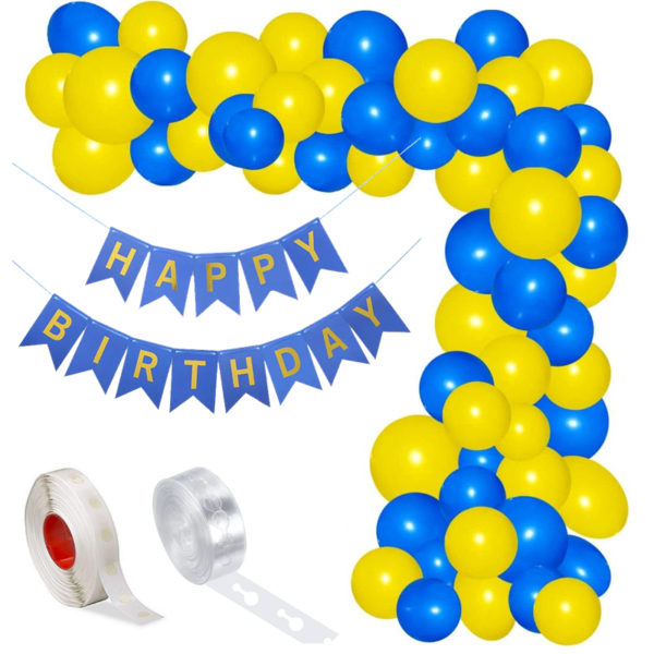 Set aranjament baloane pentru arcada, ghirlanda Happy Birthday, 115 buc, galben si albastru