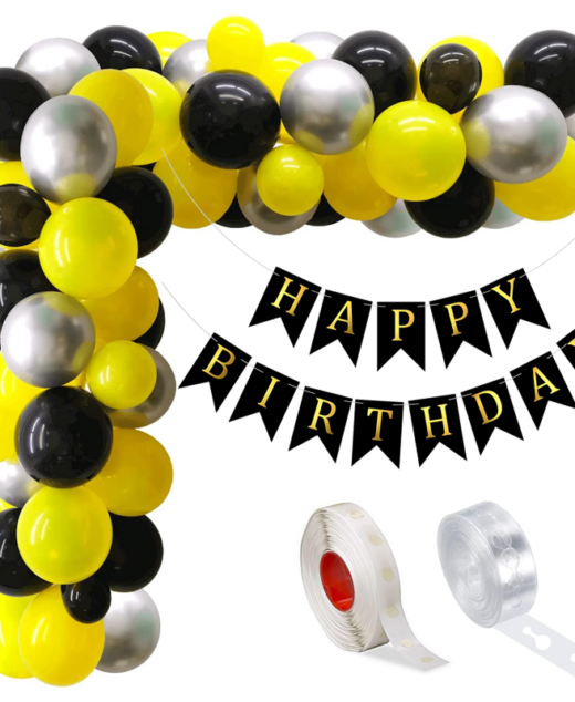 Set aranjament baloane pentru arcada, ghirlanda Happy Birthday, 115 buc, negru, galben si argintiu