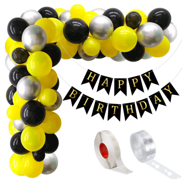 Set aranjament baloane pentru arcada, ghirlanda Happy Birthday, 115 buc, negru, galben si argintiu