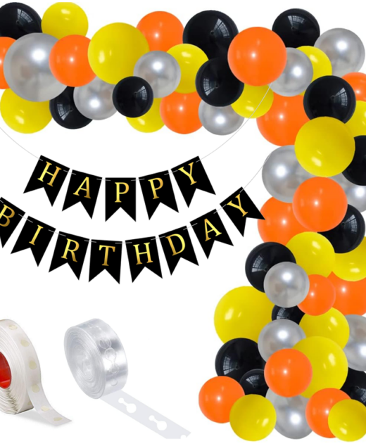 Set aranjament baloane pentru arcada, ghirlanda Happy Birthday, 115 buc, portocaliu, galben, negru si argintiu