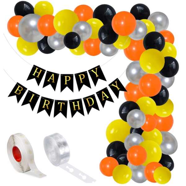 Set aranjament baloane pentru arcada, ghirlanda Happy Birthday, 115 buc, portocaliu, galben, negru si argintiu