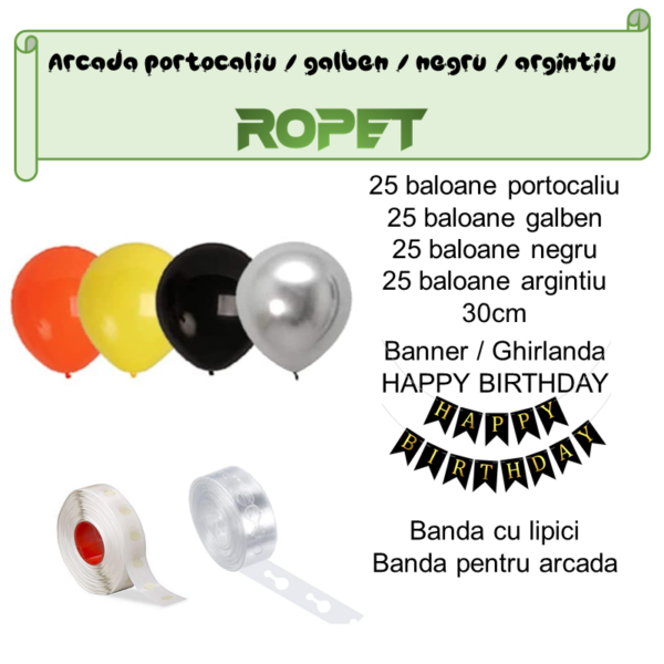 Set aranjament baloane pentru arcada, ghirlanda Happy Birthday, 115 buc, portocaliu, galben, negru si argintiu - imagine 2