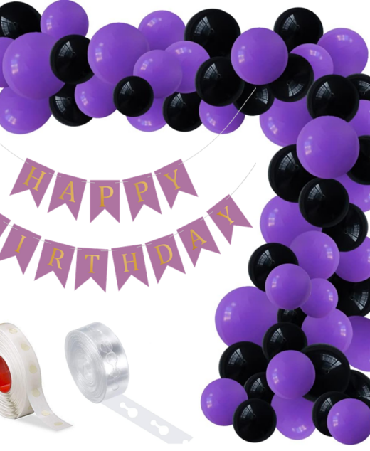 Set aranjament baloane pentru arcada, ghirlanda Happy Birthday, 115 buc, mov si negru
