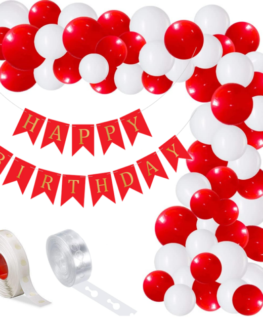 Set aranjament baloane pentru arcada, ghirlanda Happy Birthday, 115 buc, rosu si alb
