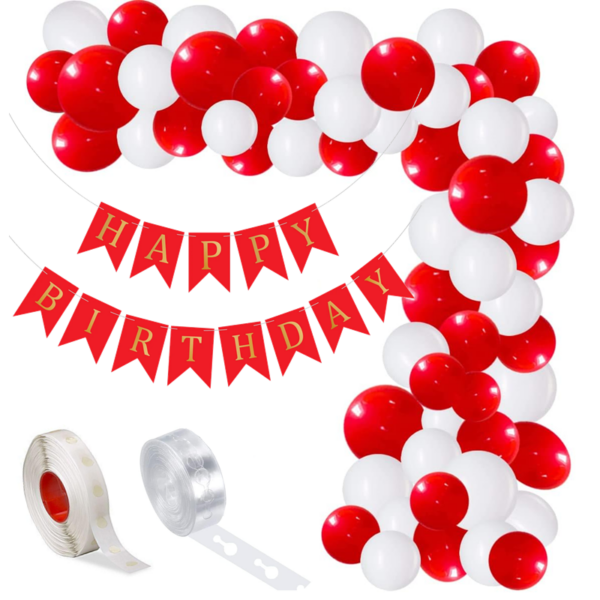Set aranjament baloane pentru arcada, ghirlanda Happy Birthday, 115 buc, rosu si alb