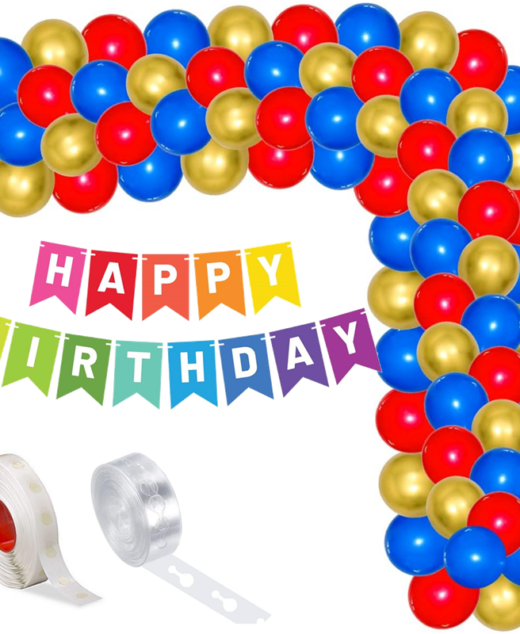 Set aranjament baloane pentru arcada, ghirlanda Happy Birthday, 115 buc, rosu, albastru si auriu