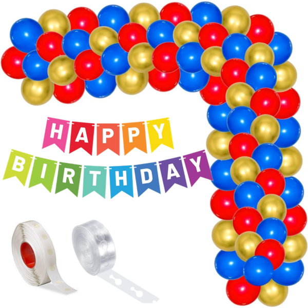 Set aranjament baloane pentru arcada, ghirlanda Happy Birthday, 115 buc, rosu, albastru si auriu