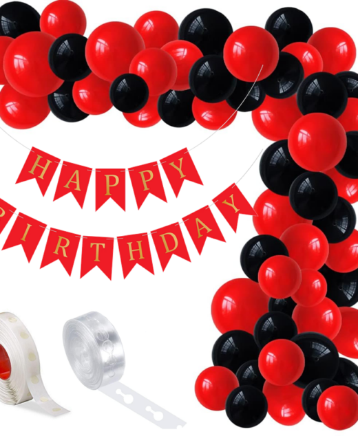 Set aranjament baloane pentru arcada, ghirlanda Happy Birthday, 115 buc, rosu si negru