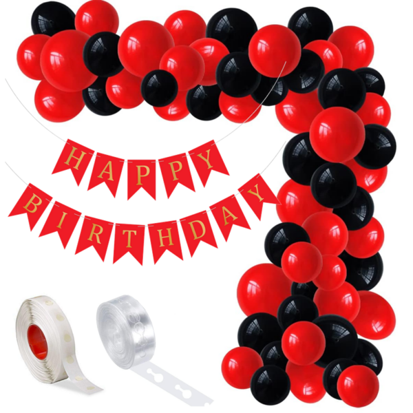 Set aranjament baloane pentru arcada, ghirlanda Happy Birthday, 115 buc, rosu si negru
