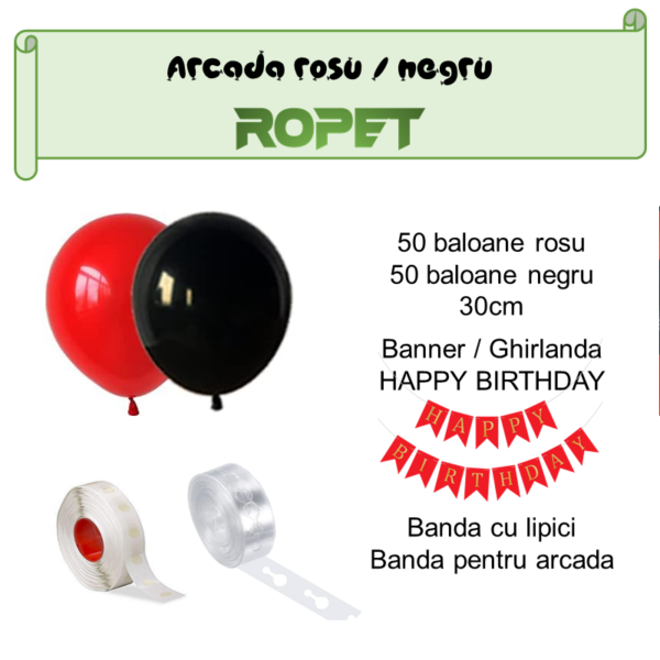 Set aranjament baloane pentru arcada, ghirlanda Happy Birthday, 115 buc, rosu si negru - imagine 2