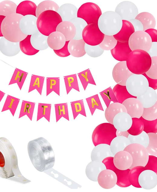 Set aranjament baloane pentru arcada, ghirlanda Happy Birthday, 115 buc, roz si alb