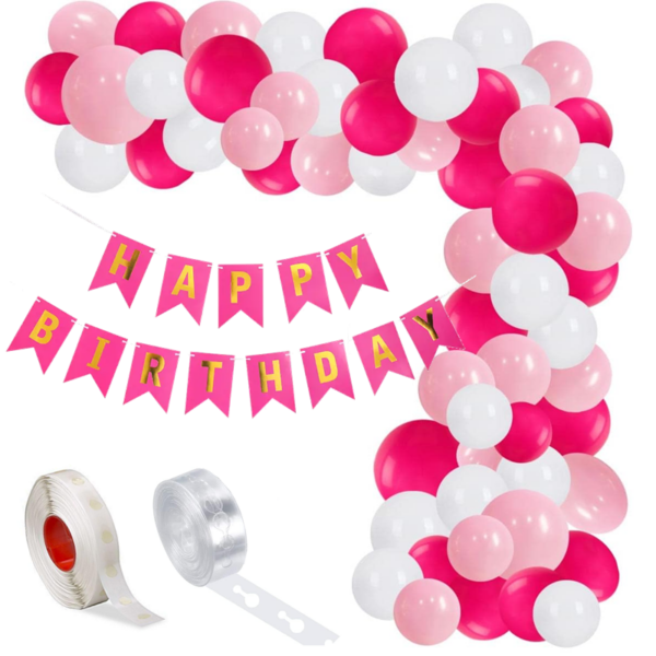 Set aranjament baloane pentru arcada, ghirlanda Happy Birthday, 115 buc, roz si alb