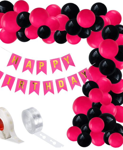 Set aranjament baloane pentru arcada, ghirlanda Happy Birthday, 115 buc, roz si negru