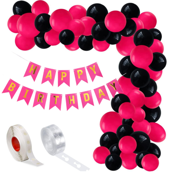 Set aranjament baloane pentru arcada, ghirlanda Happy Birthday, 115 buc, roz si negru