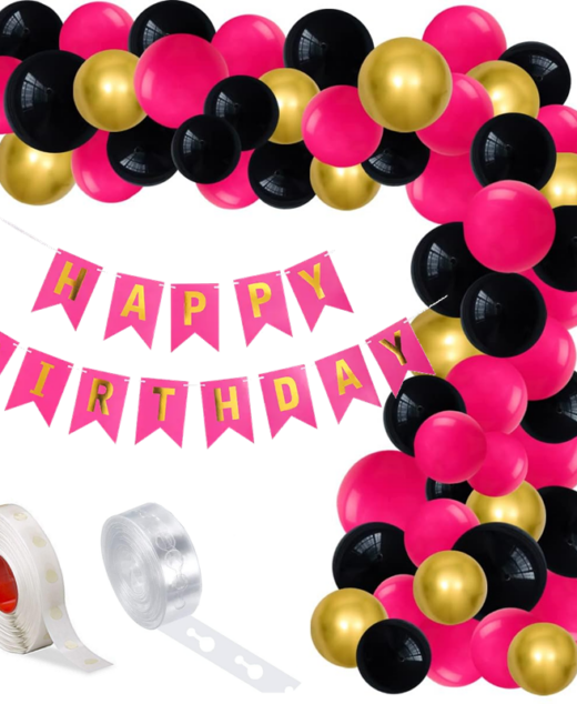 Set aranjament baloane pentru arcada, ghirlanda Happy Birthday, 115 buc, roz, negru si auriu