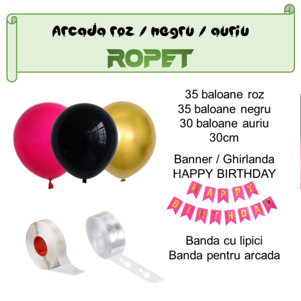 Set aranjament baloane pentru arcada, ghirlanda Happy Birthday, 115 buc, roz, negru si auriu - imagine 2