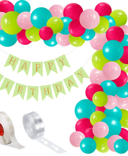 Set aranjament baloane pentru arcada, ghirlanda Happy Birthday, 115 buc, roz, verde si albastru
