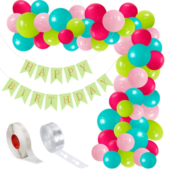 Set aranjament baloane pentru arcada, ghirlanda Happy Birthday, 115 buc, roz, verde si albastru