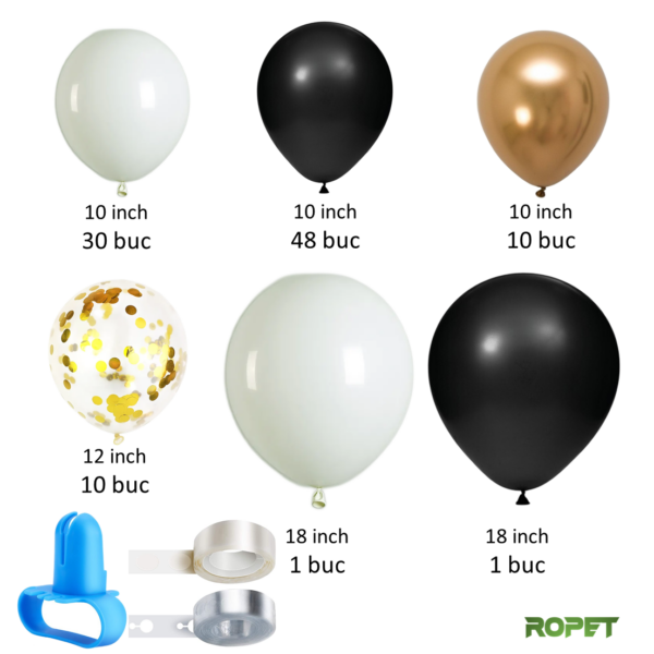 Set baloane pentru aranjamente tip arcada, Negru/Alb/Auriu, 103 piese, Ropet - imagine 2