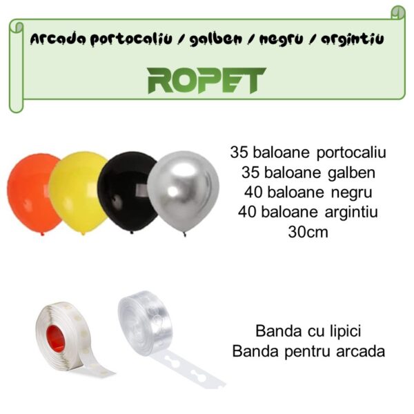 Set aranjament baloane pentru arcada, 150 buc, portocaliu, galben, negru si argintiu - imagine 2