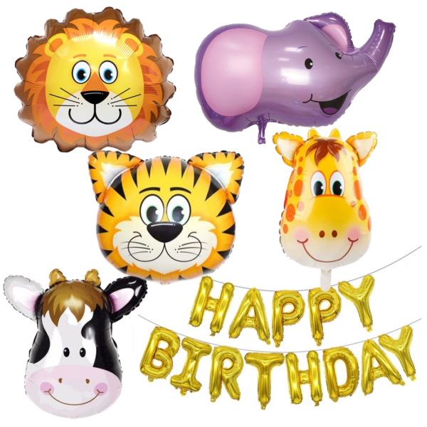 Set 18 baloane, animalute 63.5cm, happy birthday 43cm, Ropet, petrecere aniversara pentru copii, tema jungle party, zoo, safari