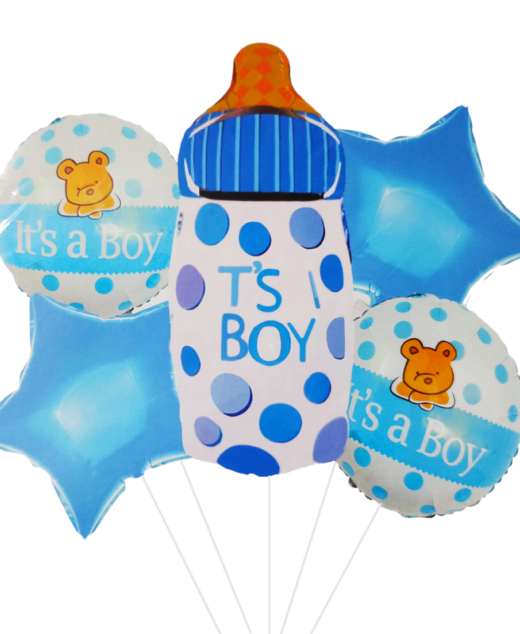 Set 5 baloane folie, 45cm - 79cm, forma biberon, it's a boy - baby boy, albastru, Ropet