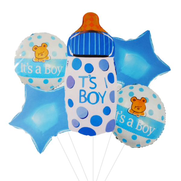 Set 5 baloane folie, 45cm - 79cm, forma biberon, it's a boy - baby boy, albastru, Ropet