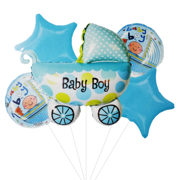 Set 5 baloane folie, 45cm - 68cm, forma carucior, it's a boy - baby boy, albastru, Ropet