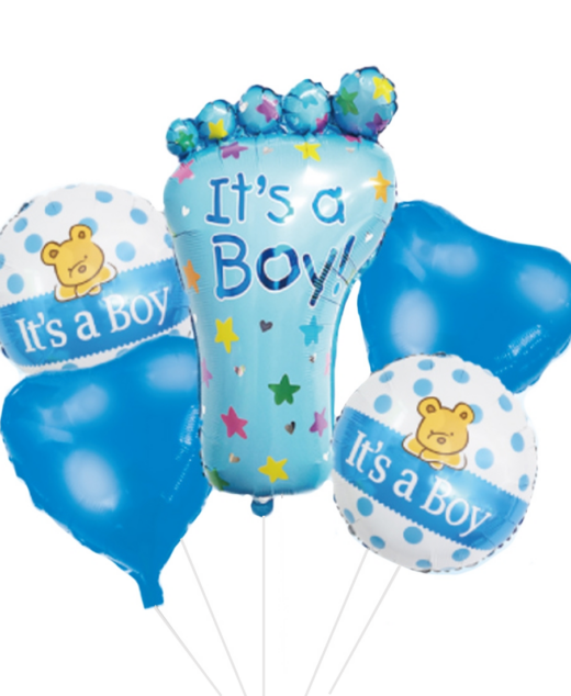 Set 5 baloane folie, 45cm - 77cm, forma piciorus, it's a boy - baby boy, albastru, Ropet