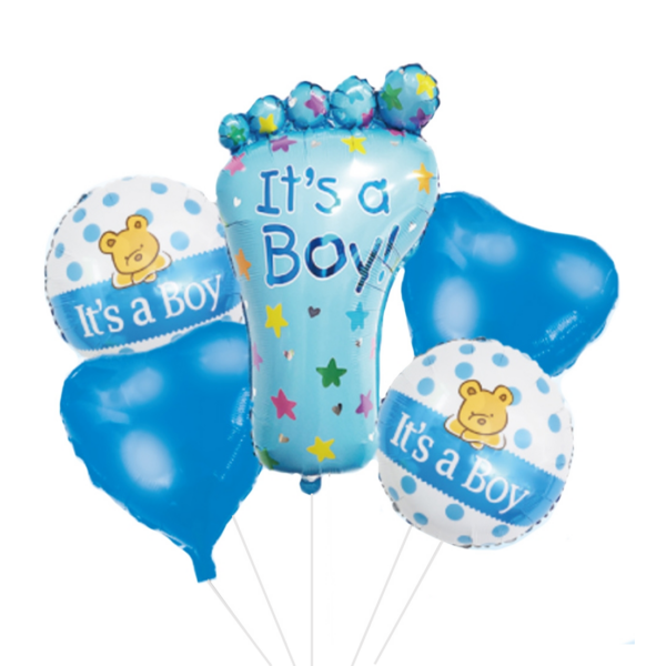 Set 5 baloane folie, 45cm - 77cm, forma piciorus, it's a boy - baby boy, albastru, Ropet
