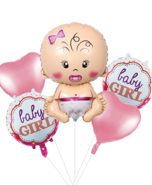 Set 5 baloane folie, 45cm - 68cm, forma bebelus, it's a girl - baby girl, roz, Ropet