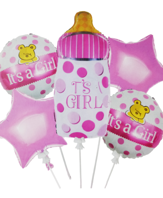 Set 5 baloane folie, 45cm - 79cm, forma biberon, it's a girl - baby girl, roz, Ropet