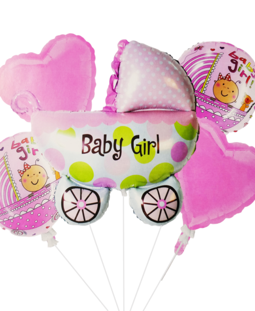 Set 5 baloane folie, 45cm - 68cm, forma carucior, it's a girl - baby girl, roz, Ropet