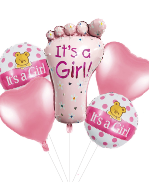 Set 5 baloane folie, 45cm - 77cm, forma piciorus, it's a girl - baby girl, roz, Ropet