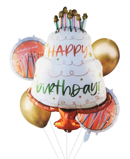 Set 5 baloane aniversare, 30cm - 84cm, Tort - Happy Birthday, Ropet