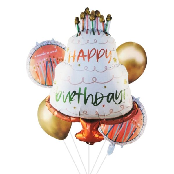 Set 5 baloane aniversare, 30cm - 84cm, Tort - Happy Birthday, Ropet