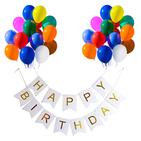 Set 20 baloane 30cm, Banner Happy Birthday Alb 12 x 17 cm