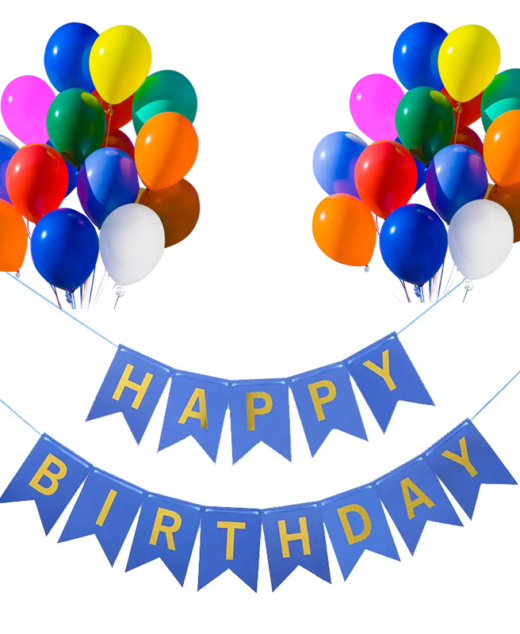 Set 20 baloane 30cm, Banner Happy Birthday Albastru 12 x 17 cm