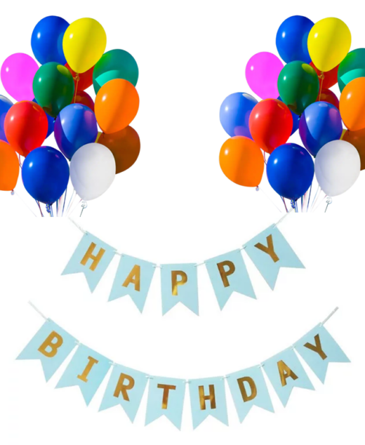 Set 20 baloane 30cm, Banner Happy Birthday Albastru Deschis 12 x 17 cm