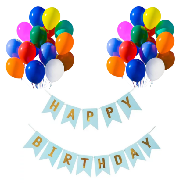 Set 20 baloane 30cm, Banner Happy Birthday Albastru Deschis 12 x 17 cm
