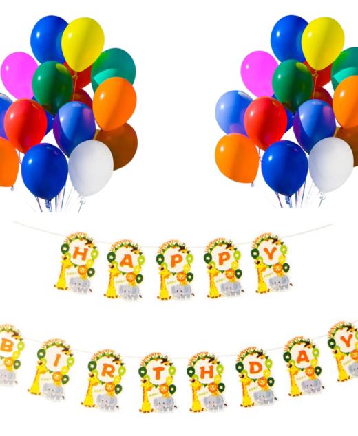 Set 20 baloane 30cm, Banner Happy Birthday Jungla 12 x 17 cm