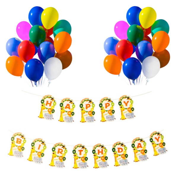 Set 20 baloane 30cm, Banner Happy Birthday Jungla 12 x 17 cm