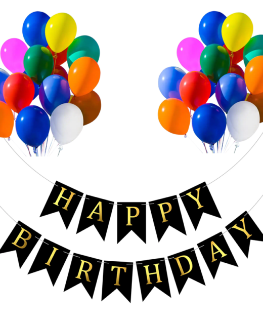 Set 20 baloane 30cm, Banner Happy Birthday Negru 12 x 17 cm