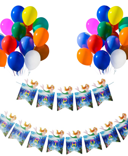 Set 20 baloane 30cm, Banner Happy Birthday Ocean, Sirena 12 x 17 cm