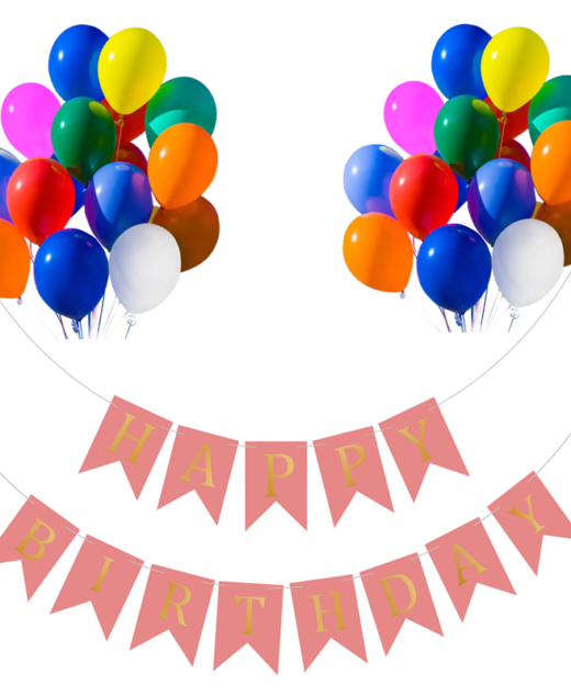 Set 20 baloane 30cm, Banner Happy Birthday Roz 12 x 17 cm