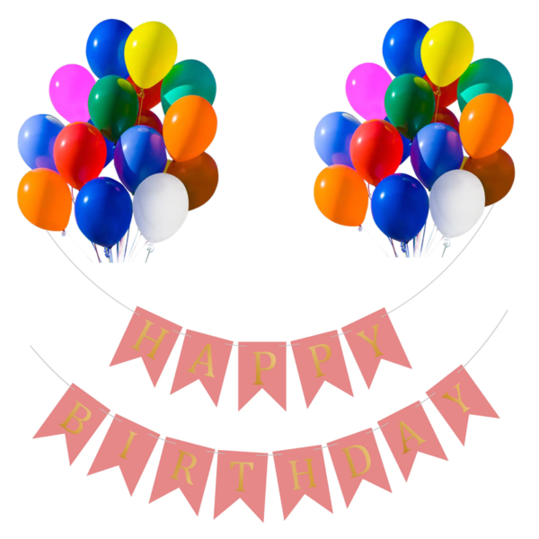 Set 20 baloane 30cm, Banner Happy Birthday Roz 12 x 17 cm