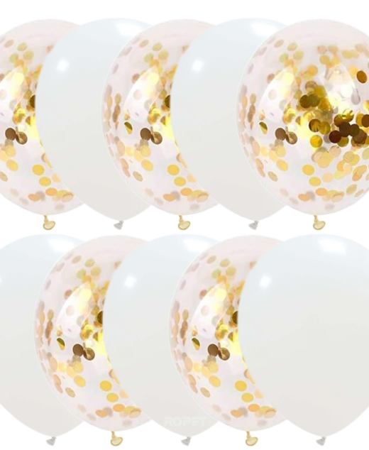 Set 10 baloane latex, confetti aurii, Alb, 30cm, Ropet