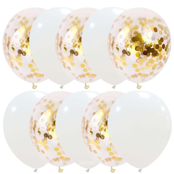 Set 10 baloane latex, confetti aurii, Alb, 30cm, Ropet